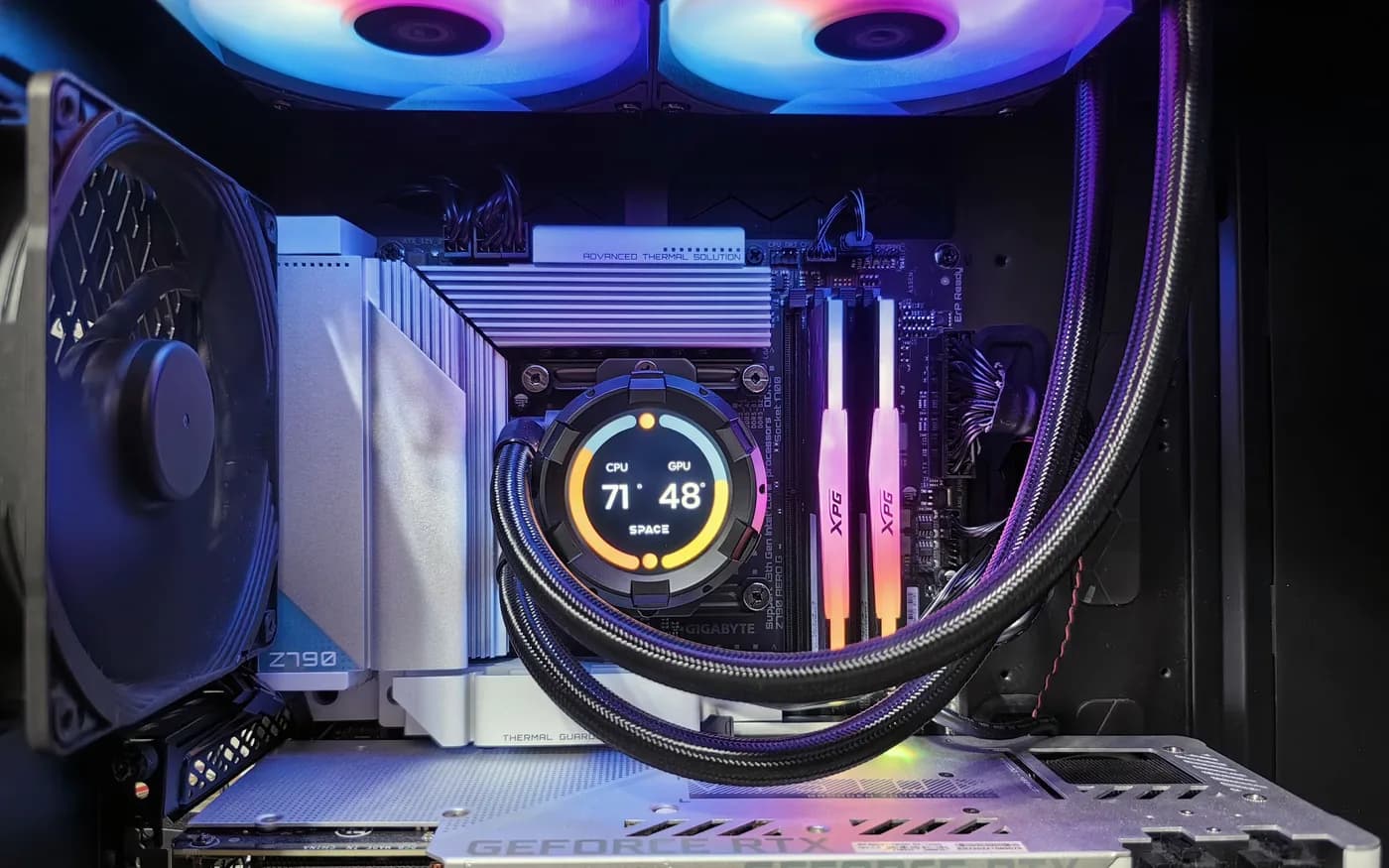 Detailed desktop computer hardware with cooling and internal components