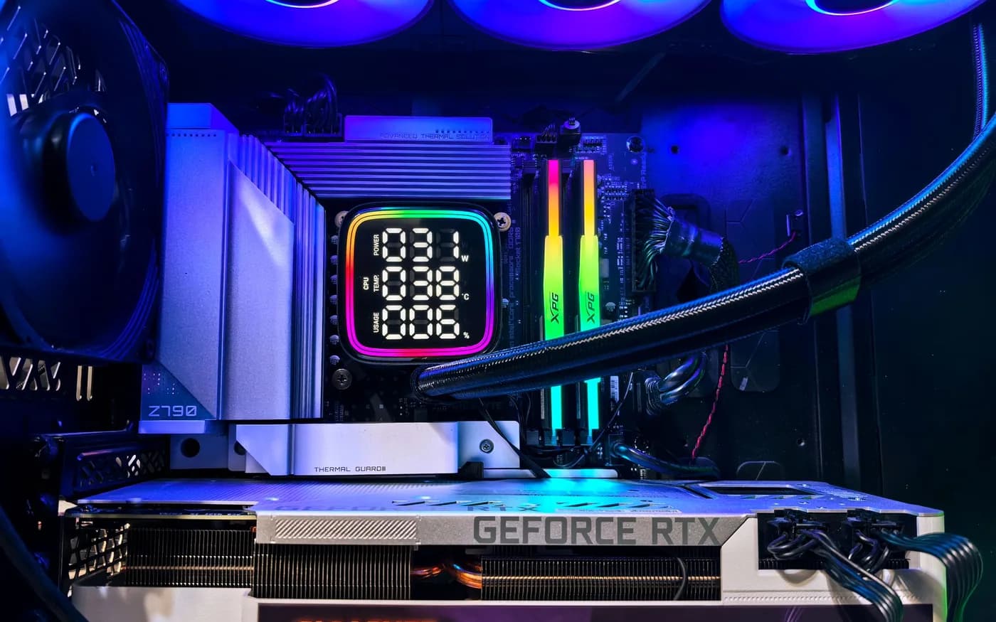 RGB illuminated gaming computer case with graphics hardware